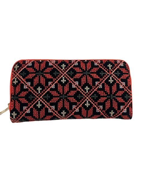 Filistin Geleneksel Renkli Kırmızı Nakışlı Tek Fermuarlı Kadın Büyük Cüzdeni 20*10 cm A100017 ürün görseli 1