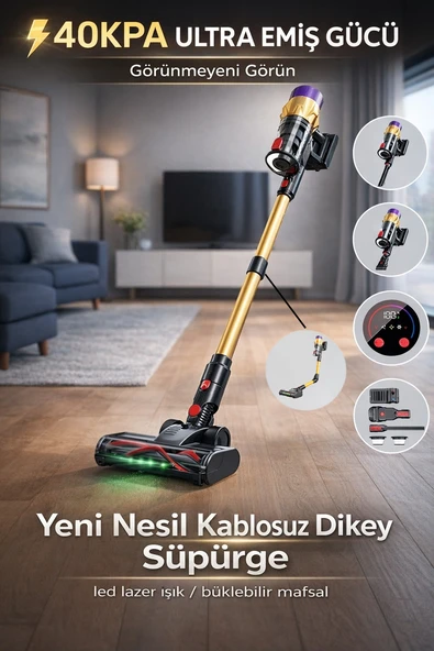Şarjlı Dikey Süpürge 650 Watt Fırçasız Motor 40 KpA Torbasız Hazne Bükülebilir Mafsal Led Lazer Işık ürün görseli 1