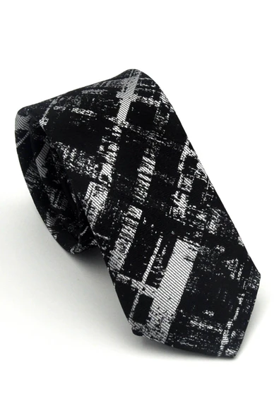 Beyaz Desenli Siyah Dokuma Kumaş Mendilli Slim Fit Kravat // SDK-2601-1 ürün görseli 1
