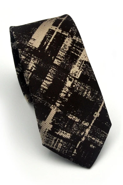 Bej Desenli Kahverengi Dokuma Kumaş Mendilli Slim Fit Kravat // SDK-2601-5 ürün görseli 1