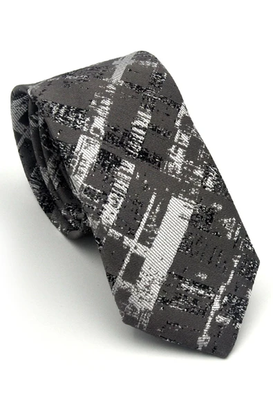 Füme Desenli Gri Dokuma Kumaş Mendilli Slim Fit Kravat // SDK-2601-3 ürün görseli 1