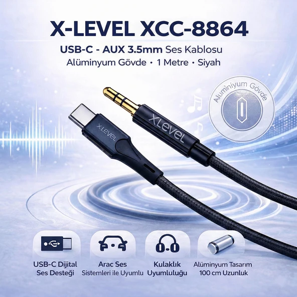 X-LEVEL XCC-8864 USB-C to Aux 3.5mm Ses Kablosu Aliminyum 1 Metre Siyah ürün görseli 1