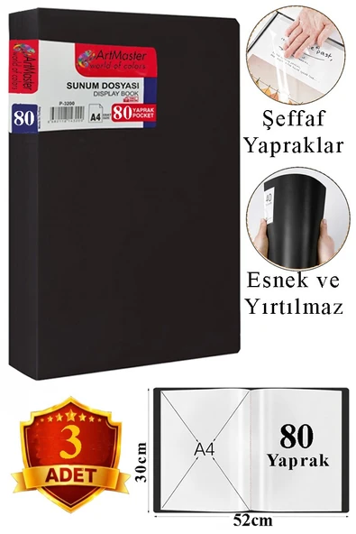 Siyah Sunum Dosyası 80 li 3 Adet Poşet Dosyalı Katalog Dosyası 80 Poşetli Kendinden Dosya Plastik Kapaklı ürün görseli 1