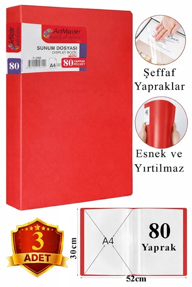 Kırmızı Sunum Dosyası 80 li 3 Adet Poşet Dosyalı Katalog Dosyası 80 Poşetli Kendinden Dosya Plastik Kapaklı ürün görseli 1