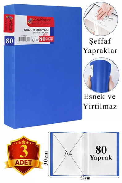 Mavi Sunum Dosyası 80 li 3 Adet Poşet Dosyalı Katalog Dosyası 80 Poşetli Kendinden Dosya Plastik Kapaklı ürün görseli 1