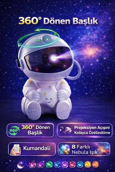 ROSE TEKNOLOJİ ASTRONOT ŞEKİLLİ GALAKSİ PROJEKSİYON GECE LAMBALI KUMANDALI ÇOCUK ODASI UZAY LAMBALI ASTRONOT ürün görseli 1