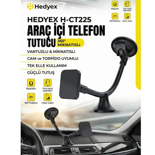 Hedyex H-CT225 Araç İçi Telefon Tutucu Vantuzlu Mıknatıslı Cam ve Torpido Uyumlu ürün görseli 1