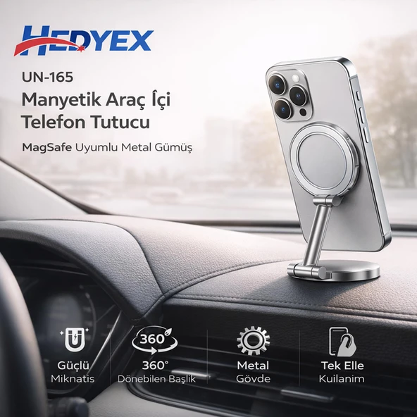 Hedyex UN-165 Manyetik Araç İçi Telefon Tutucu MagSafe Uyumlu Metal Gümüş ürün görseli 1
