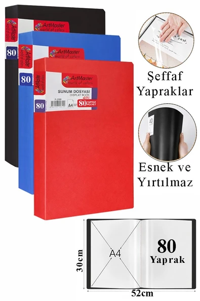 Siyah Mavi Kırmızı Sunum Dosyası 80 li 3 Adet Poşet Dosyalı Katalog Dosyası 80 Poşetli Kendinden Dosya Plastik Kapaklı ürün görseli 1