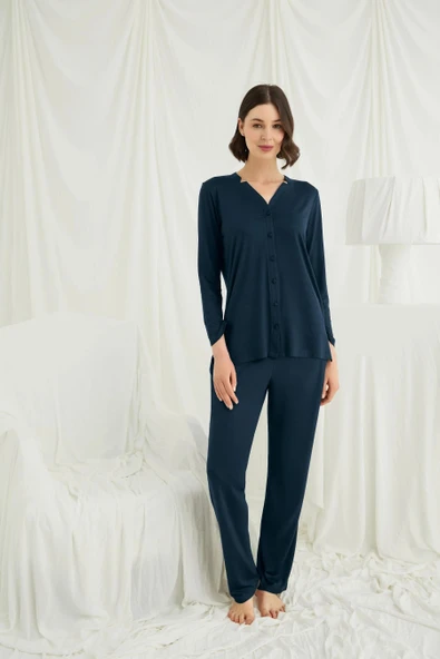 HERŞEYTREND  Uzun Kollu Boydan Düğmeli V Yaka Pijama Takımı ürün görseli 1