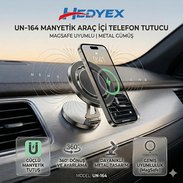 Hedyex UN-164 Manyetik Araç İçi Telefon Tutucu MagSafe Uyumlu Metal Gümüş ürün görseli 1