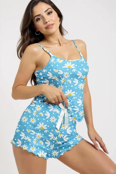 Papatya Baskılı Mavi Askılı Şortlu Pijama Takımı ürün görseli 1