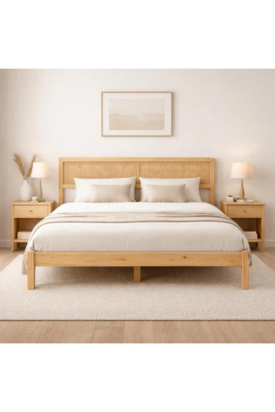 pinoxi Örme Dekoratif Hasır Hazeran Başlıklı Masif Ahşap Karyola 140cm x 200cm ürün görseli 1