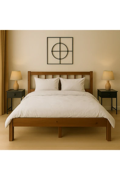 pinoxi 150cm X 200cm Masif Ahşap 2 KİŞİLİK YUVARLAK ÇITALI Başlıklı Karyola CEVİZ RENGİ ürün görseli 1