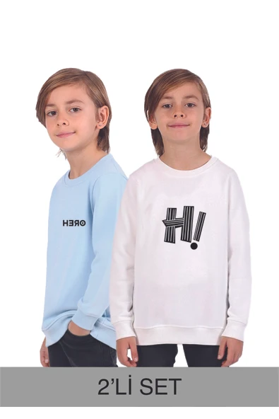 Rekormoda Erkek Çocuk 2li Paket Mavi-Ekru 3İplik Şardonlu Sweatshirt Baskılı 5-14 Yaş ürün görseli 1