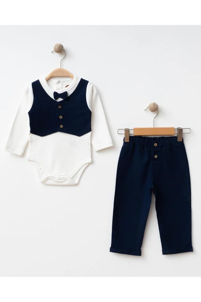 Rekormoda Bebek Erkek Takım 2'li Papyonlu Şık Body Pantolon 3-12 Ay Lacivert ürün görseli 1