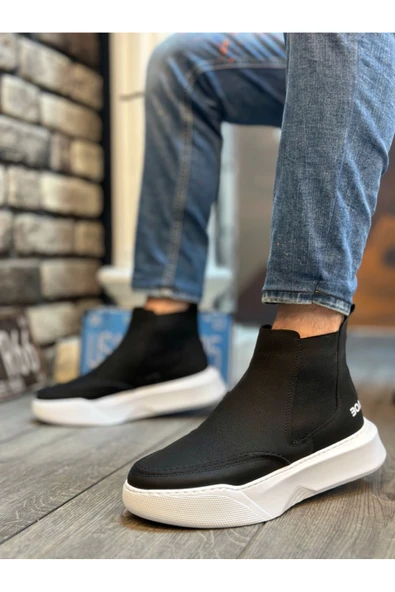 SMK Shop K&A-Bağcıksız Erkek Yüksek Taban Cilt Siyah Beyaz Spor Bot ürün görseli 1