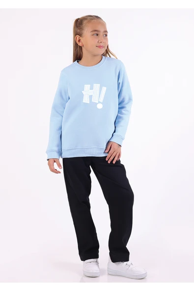 Rekormoda Unisex Çocuk Sweatshirt Bisiklet Yaka 3iplik Şardonlu Hİ Baskılı İçi Polarlı 5-14 Yaş Mavi ürün görseli 1