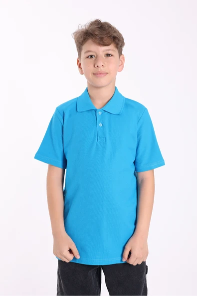 Rekormoda Unisex Çocuk Polo Yaka Okul Tişört Basic Kısa Kollu Lise Okul T-shirt %100 Pamuk 5-2XLYaş Turkuaz ürün görseli 1