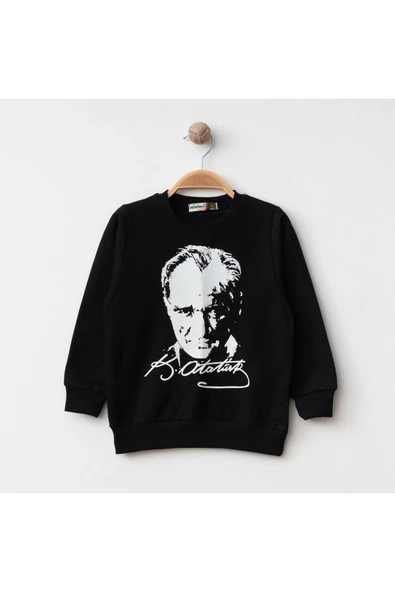 WİNİMO KİDS Unisex Mevsimlik Çocuk Sweatshirt Atatürk Baskılı Sweatshirt %100 Pamuk 1-6 Yaş Siyah ürün görseli 1