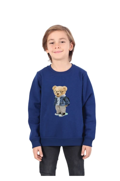 Rekormoda Erkek Çocuk Sweatshirt Ayıcık Baskılı Bisiklet Yaka 3iplik Şardonlu 5-10 Yaş Lacivert ürün görseli 1