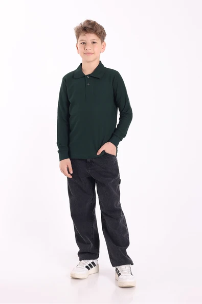 Re&Gi Rekor Unisex Çocuk Polo Yaka Okul Tişört Basic Uzun Kollu T-shirt 5-16 Yaş Nefti ürün görseli 1
