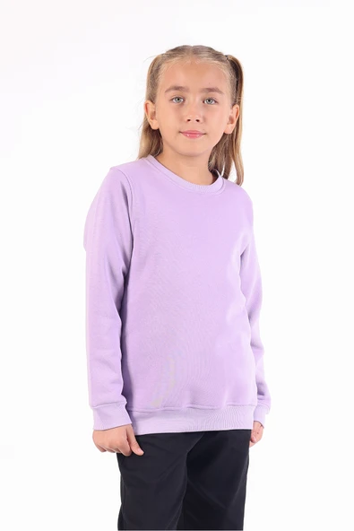 Rekormoda Kız Çocuk 3 İplik Şardonlu Basic Sweatshirt Bisiklet Yaka 5-14 Yaş Lila ürün görseli 1