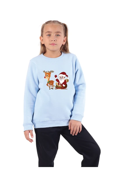 Rekormoda Noel Baskılı Sweatshirt Kız-Erkek Çocuk Yılbaşı Temalı Bisiklet Yaka 3iplik Şardonlu 5-10 Yaş Mavi ürün görseli 1
