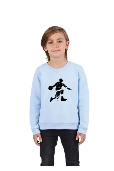 Rekormoda Erkek çocuk Sweatshirt Basketbol Baskılı Bisiklet Yaka 3iplik Şardonlu 5-10 Yaş Mavi ürün görseli 1