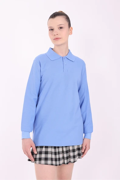 Re&Gi Rekor Unisex Yetişkin Polo Yaka Okul Tişört Basic Uzun Kollu Okul T-shirt %100 Pamuk S-2XL Mavi ürün görseli 1