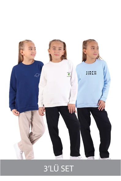 Rekormoda Kız Çocuk 3lü Paket Lacivert-Ekru-Mavi 3İplik Şardonlu Sweatshirt Baskılı 5-14 Yaş ürün görseli 1