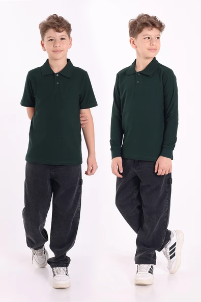 Re&Gi Rekor Unisex Çocuk Polo Yaka Okul Tişört Basic Kısa Kollu 2li Okul Uzun Kollu Tişörtü 5-16 Yaş Nefti ürün görseli 1