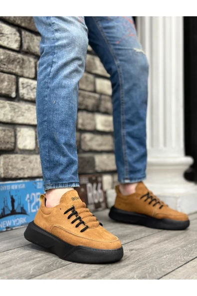 xramburada BA0332 Merdiven Desen Bağcıklı Erkek Yüksek Taban Taba Süet Siyah Taban Spor Ayakkabı ürün görseli 1