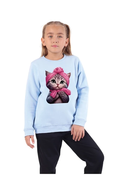 Rekormoda Kız Çocuk Sweatshirt Sevimli Kedi Baskılı Bisiklet Yaka 3iplik Şardonlu 5-10 Yaş Mavi ürün görseli 1