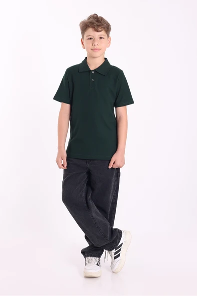 Re&Gi Rekor Unisex Çocuk Polo Yaka Okul Tişört Basic Kısa Kollu Okul T-shirt %100 Pamuk 5-16 Yaş Nefti ürün görseli 1