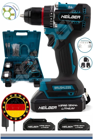 HEİLBER ALMAN MAX V998 15AHm BLUE BAKIR SARGILI ÇİFT BATARYA AKÜLÜ VİDALAMA ÇELİK ŞANZIMAN ŞARJLI MATKAP ürün görseli 1