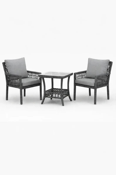 Çavdar Group Oslo Raddan 1+1 Bistro Set Minderli 2 Kişilik Raddan Oturma Grubu Camlı Sehpa Bahçe Balkon Teras Set ürün görseli 1