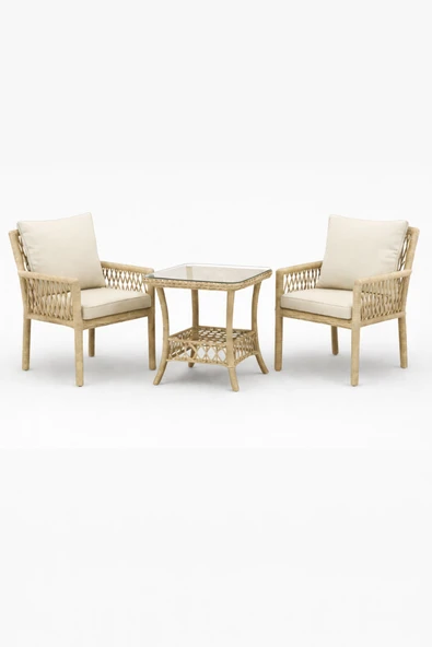 Çavdar Group Oslo Raddan 1+1 Bistro Set Minderli 2 Kişilik Raddan Oturma Grubu Camlı Sehpa Bahçe Balkon Teras Set ürün görseli 1