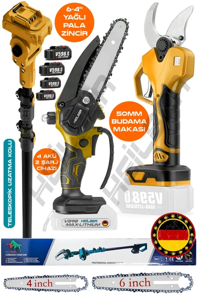 HEİLBER ALMAN TELESKOPİK V598 TURUNCU AKÜLÜ YAĞLI 4 VE 6 İNÇ BUDAMA TESTERERESİ VE 50MM BUDAMA MAKASI +4 AKÜ ürün görseli 1