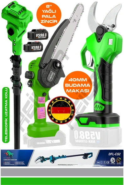 HEİLBER ALMAN V598 YEŞİL TELESKOPİK AKÜLÜ YAĞLI 25cm BUDAMA TESTERERESİ VE 40mm BUDAMA MAKASI +2 BATARYA ürün görseli 1