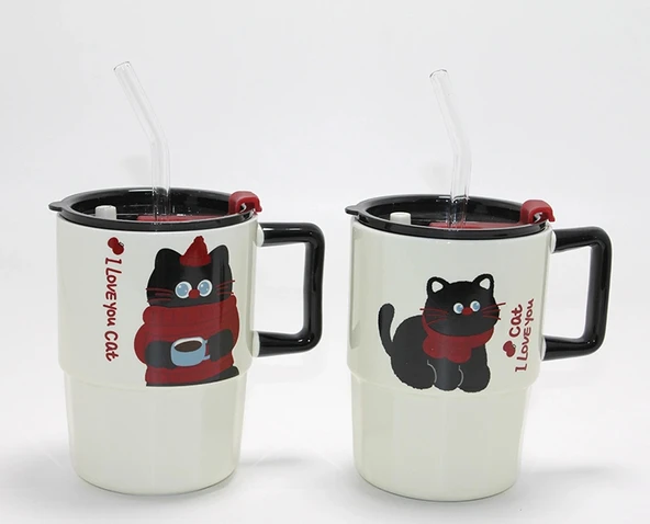 Sevimli Şaşkın Kedi Figürlü Pipetli Kapaklı Porselen Kupa Bardak Alk5042 ürün görseli 1