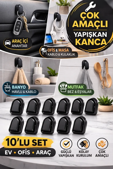 10'lu Siyah Yapışkanlı Çok Amaçlı Kanca | Araç İçi Anahtarlık Kulaklık Kablo Askısı Organizer ürün görseli 1