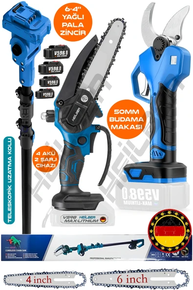 HEİLBER ALMAN TELESKOPİK V598 MAVİ AKÜLÜ YAĞLI 4 VE 6 İNÇ BUDAMA TESTERERESİ VE 50MM BUDAMA MAKASI +4 AKÜ ürün görseli 1