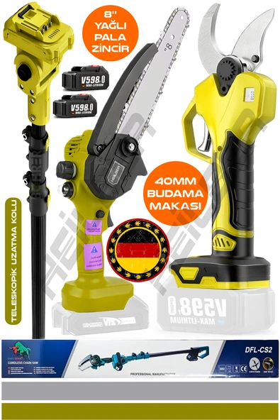 HEİLBER ALMAN V598 SARI TELESKOPİK AKÜLÜ YAĞLI 25CM BUDAMA TESTERERESİ VE 40MM BUDAMA MAKASI +2 BATARYA ürün görseli 1