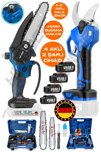 HEİLBER ALMAN ÇİFT AKÜLÜ V598 MAVİ AKÜLÜ YAĞLI 4 VE 6 İNÇ BUDAMA TESTERERESİ VE 50MM BUDAMA MAKASI +4 AKÜ ürün görseli 1