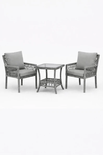 Çavdar Group Oslo Raddan 1+1 Bistro Set Minderli 2 Kişilik Raddan Oturma Grubu Camlı Sehpa Bahçe Balkon Teras Set ürün görseli 1