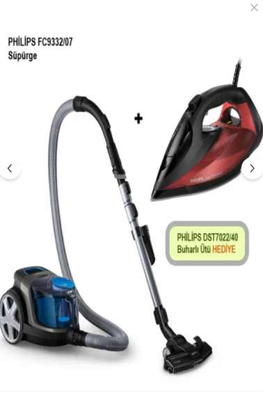 Philips PHILPS FC9332/07 TURBO BASLIKLI POWER PRO SUPURGE + DST7022 7000 SERİSİ 2800 WATT BUHARLI ÜTÜ ürün görseli 1