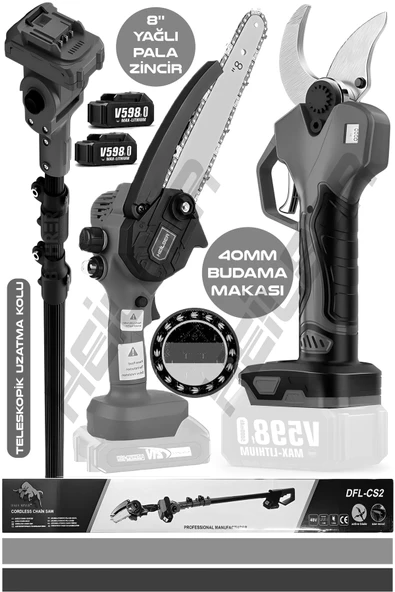 HEİLBER ALMAN V598 SİYAH TELESKOPİK AKÜLÜ YAĞLI 25CM BUDAMA TESTERERESİ VE 40MM BUDAMA MAKASI +2 BATARYA ürün görseli 1