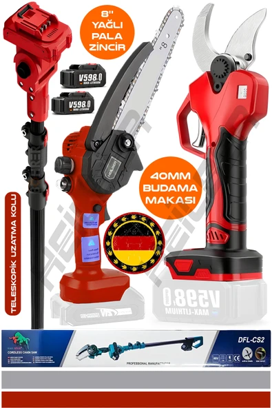 HEİLBER ALMAN V598 KIRMIZI TELESKOPİK AKÜLÜ YAĞLI 25CM BUDAMA TESTERERESİ VE 40MM BUDAMA MAKASI +2 BATARYA ürün görseli 1