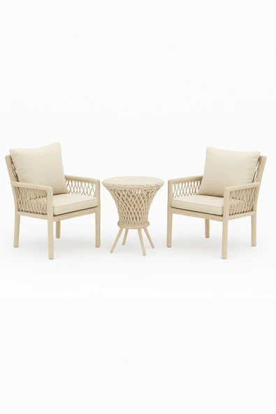 Çavdar Group Alya Raddan 1+1 Bistro Set Minderli 2 Kişilik Raddan Oturma Grubu Camlı Sehpa Bahçe Balkon Teras Set ürün görseli 1